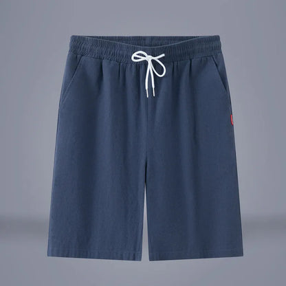 Chinese-style solid colour cropped pants with drawstring waist in cotton linen blend fabric