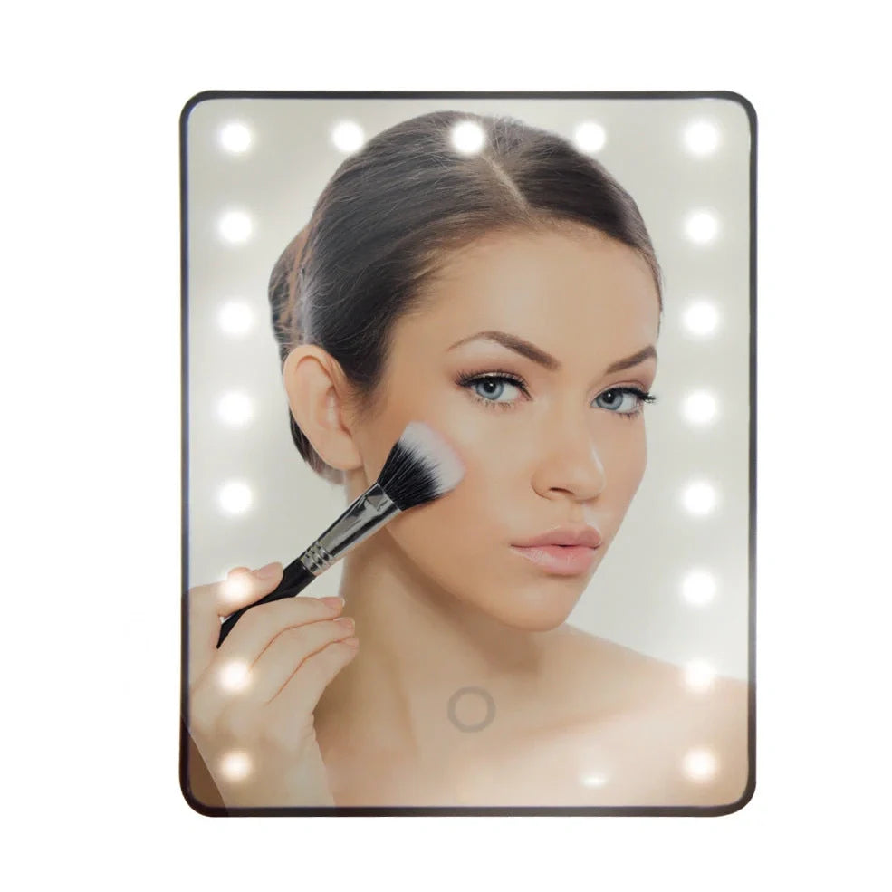 Black LED makeup mirror with 16 lights around 225mm × 165mm frame on dressing table