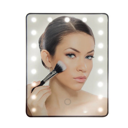 Black LED makeup mirror with 16 lights around 225mm × 165mm frame on dressing table