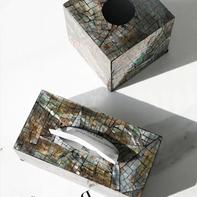 Natural shell tissue box with removable organisation compartment in modern simplicity design
