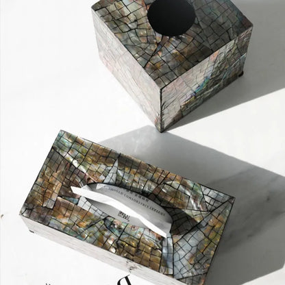 Natural shell tissue box with removable organisation compartment in modern simplicity design