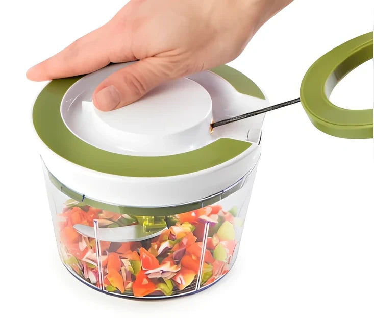 Manual vegetable chopper with three stainless steel blades and 1.2-litre plastic bowl for food preparation