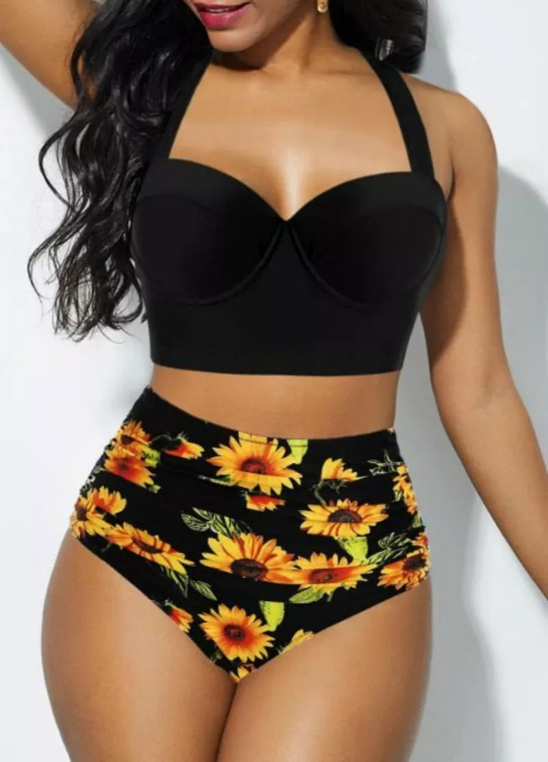 High-waisted plus-size swimsuit with yellow and black floral patterns