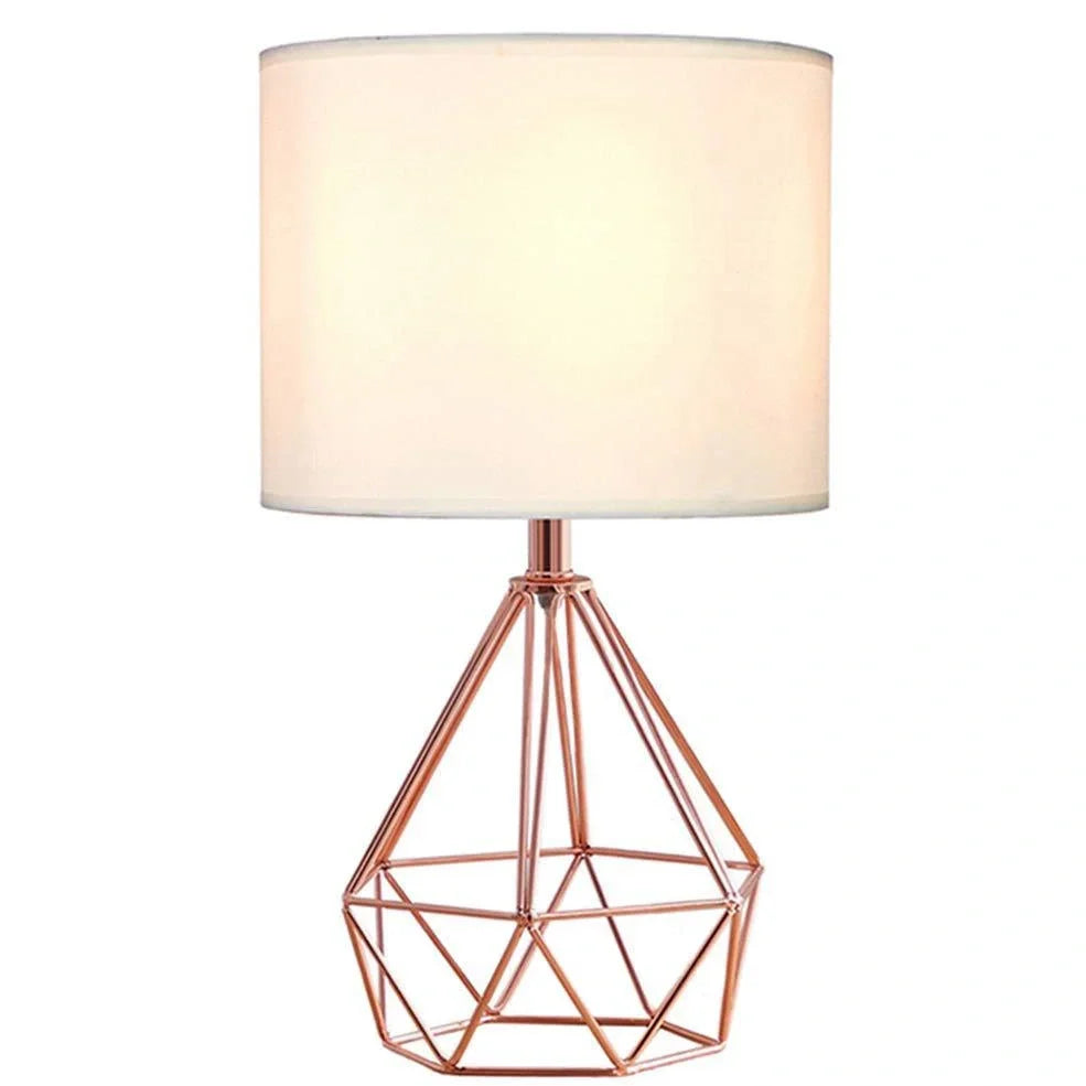 White iron frame table lamp with fabric shade and knob switch, E27 base for LED bulbs
