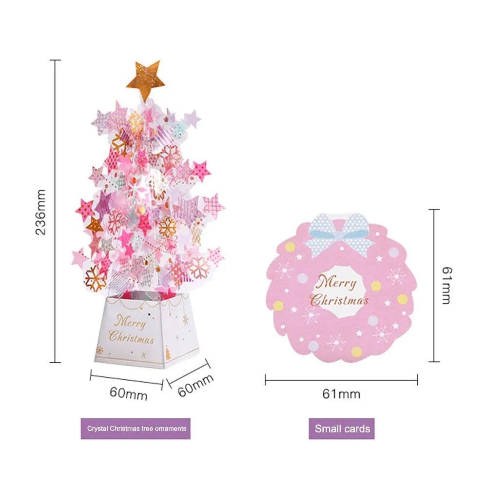 Christmas tree pop-up card in 3D with snowflake sequins and note card, 6x6x24cm paper card in Blue or Pink