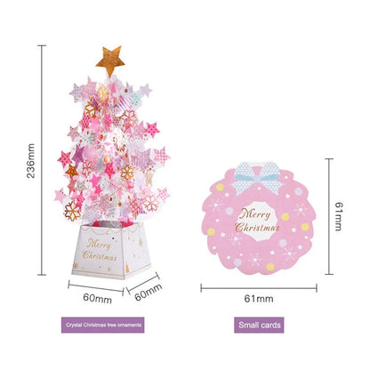 Christmas tree pop-up card in 3D with snowflake sequins and note card, 6x6x24cm paper card in Blue or Pink