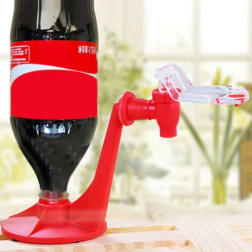 Red plastic hands-free beverage dispenser for coke bottles