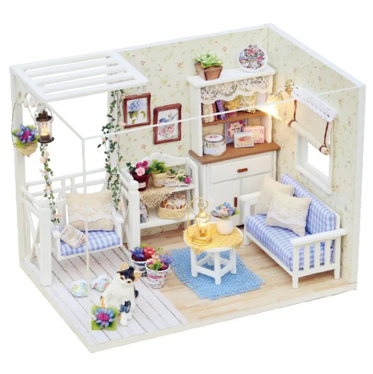 Miniature wooden doll house DIY kit with furniture and accessories, Style A or B