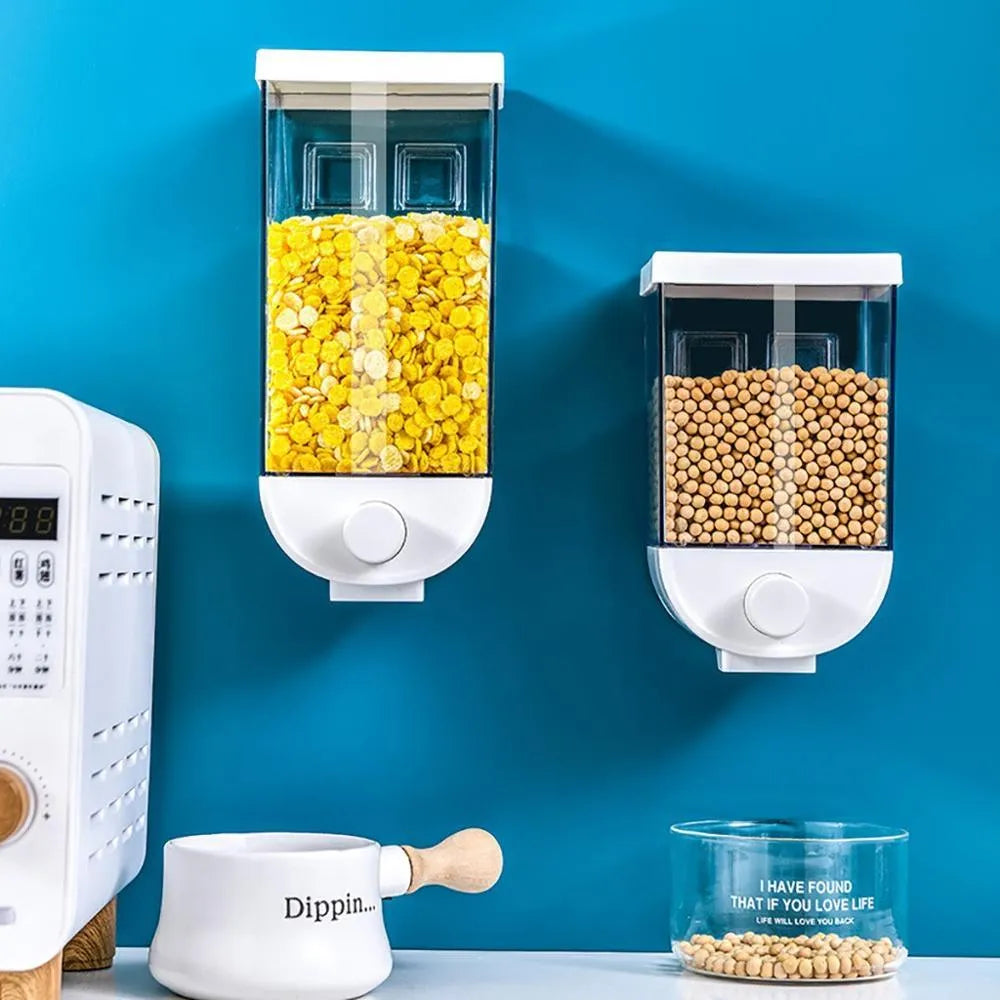 White wall mounted transparent food storage container with easy press cereal dispenser mechanism