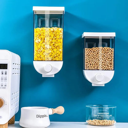 White wall mounted transparent food storage container with easy press cereal dispenser mechanism