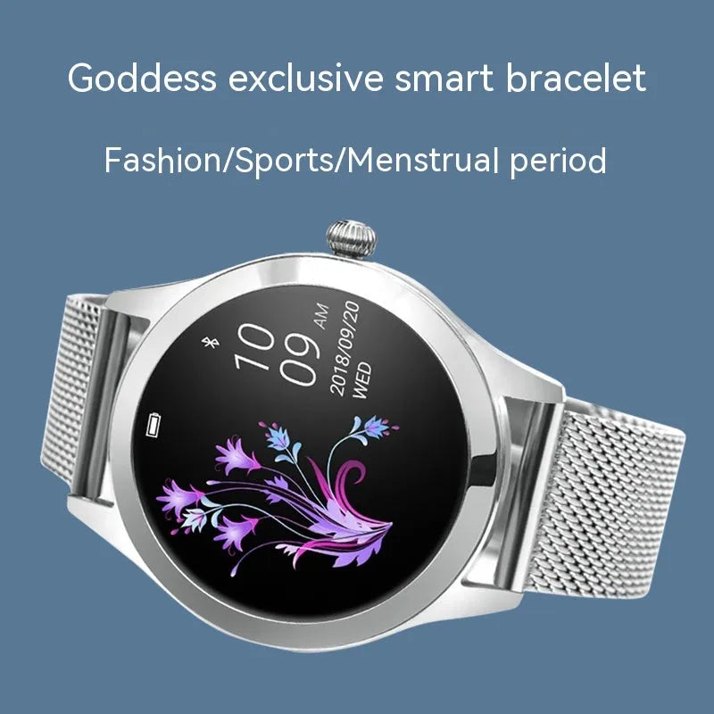 Women's multi-colour sports smartwatch showing fitness tracking on screen.