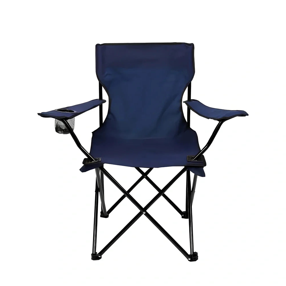 Outdoor fishing chair with adjustable backrest showing steel frame and Oxford cloth seating in navy colour