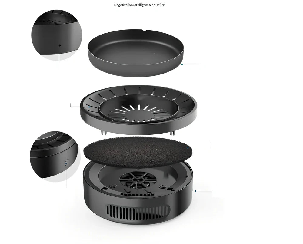 Black electronic ashtray purifier measuring 18x18x7.3cm with negative ion technology and USB charging