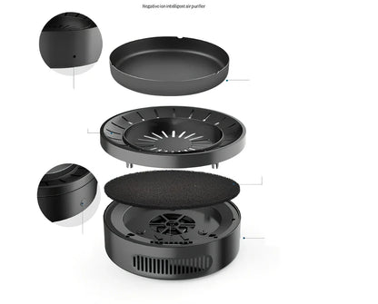 Black electronic ashtray purifier measuring 18x18x7.3cm with negative ion technology and USB charging