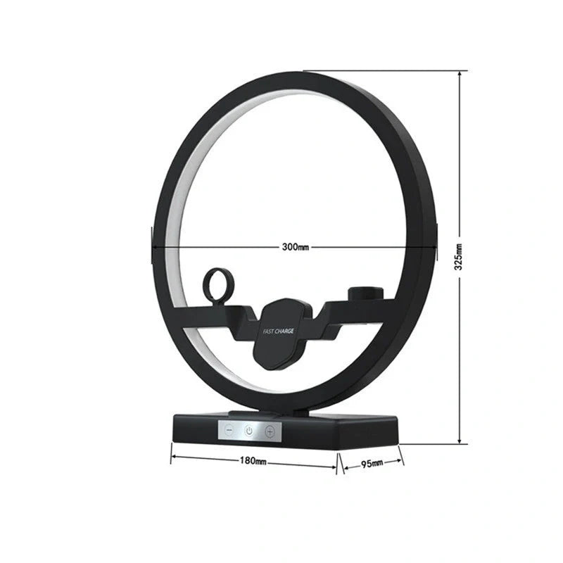 Sleek black bedside lamp with wireless charging pad for iPhone, AirPods, and Apple Watch