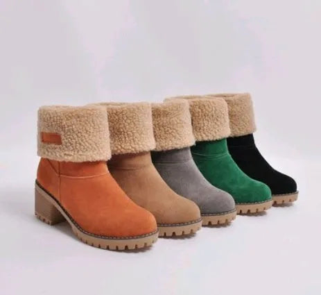 Mid-tube thick heel suede snow boots in black with beef tendon sole and waterproof platform.
