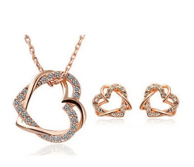 Customized double diamond heart necklace and earring set in gold or silver finish