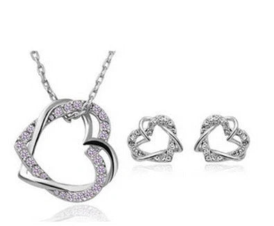 Customized double diamond heart necklace and earring set in gold or silver finish