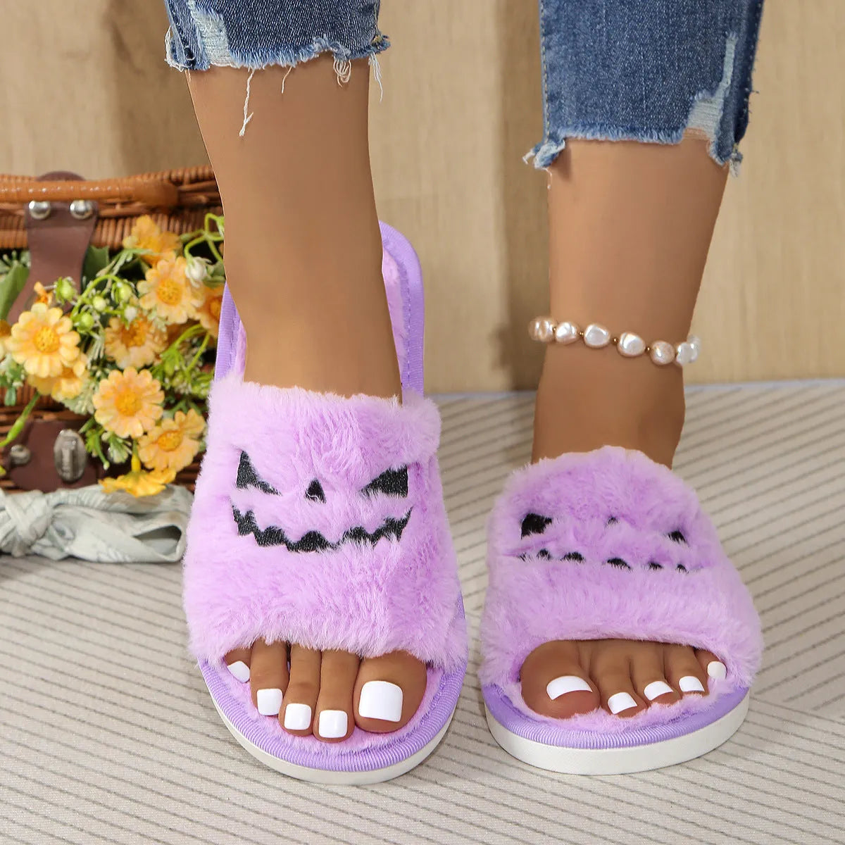 Plus size women's flat plush Halloween home slippers with artificial wool lining, TPR sole, toe ring design, purple orange black pink, sizes 35-44