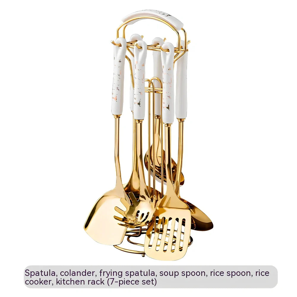 Stainless steel kitchen utensils set with eight pieces in multiple colours including black, green, pink, and white options