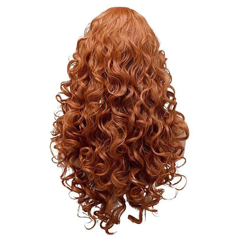 Long curly brown synthetic wig with a fluffy texture on a wig head.