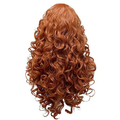 Long curly brown synthetic wig with a fluffy texture on a wig head.