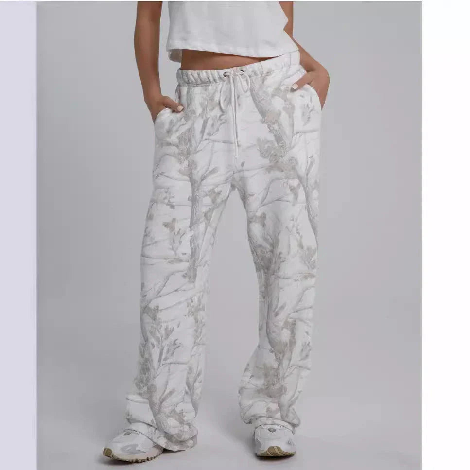 Camouflage and maple leaf print two-piece set for women featuring a hoodie and sweatpants in a variety of sizes