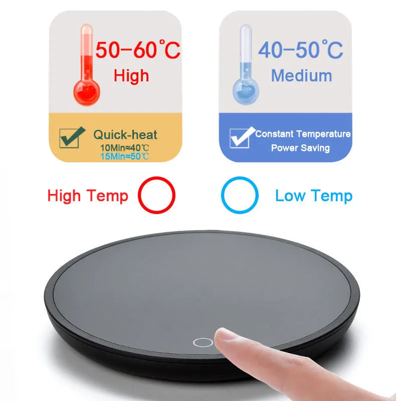 Black coffee mug warmer pad with temperature switch on desk