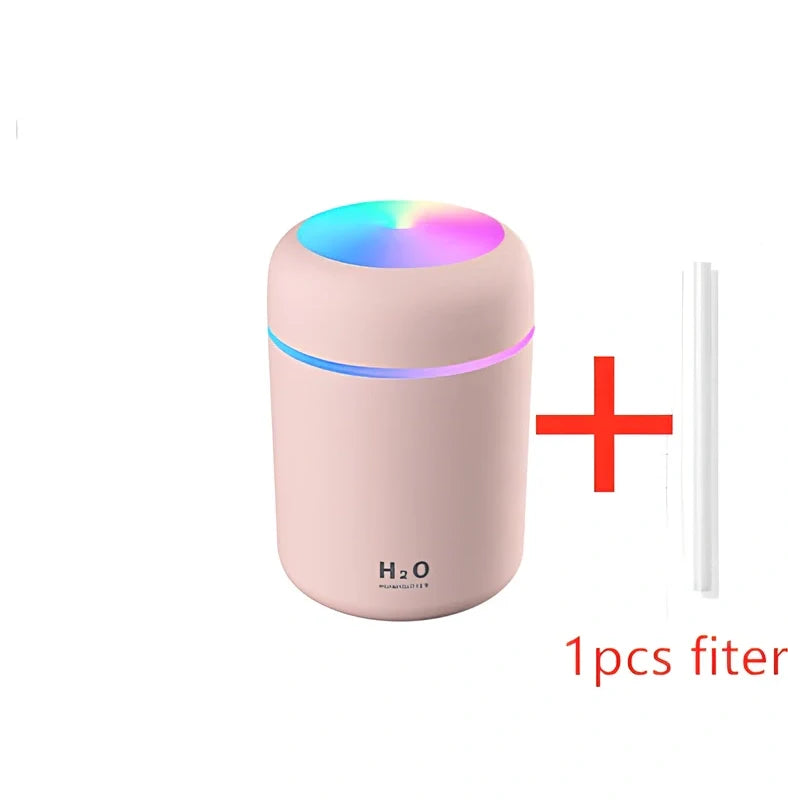 Compact USB car humidifier with colourful LED light and 300ml water tank for vehicle use