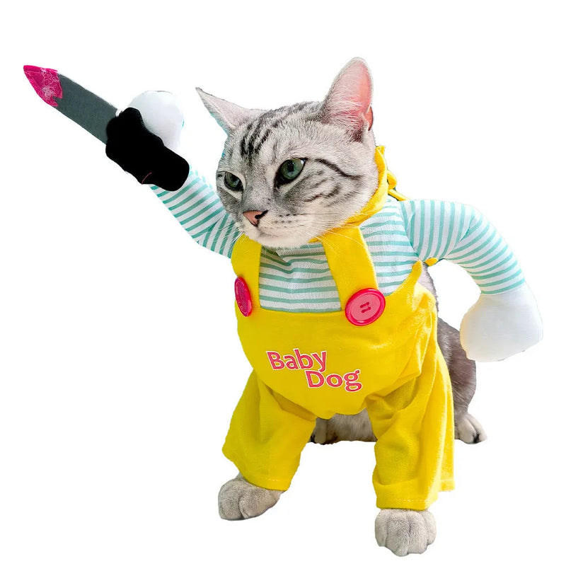 Cat clothing costume fancy dress outfit pet costume garment in B02405 yellow sword colour with assassin theme fits sizes S M L XL made from polyester fabric for cats