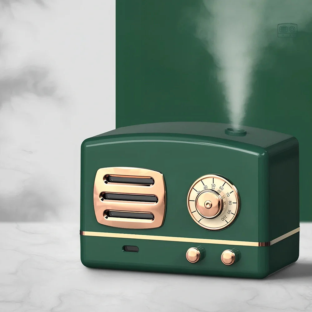 Retro humidifier in green colour with 15cm height and 10cm diameter, showing water tank and control button