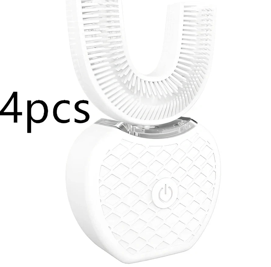 Black ultrasonic electric toothbrush with U-shaped design showing magnetic charging base and USB cable