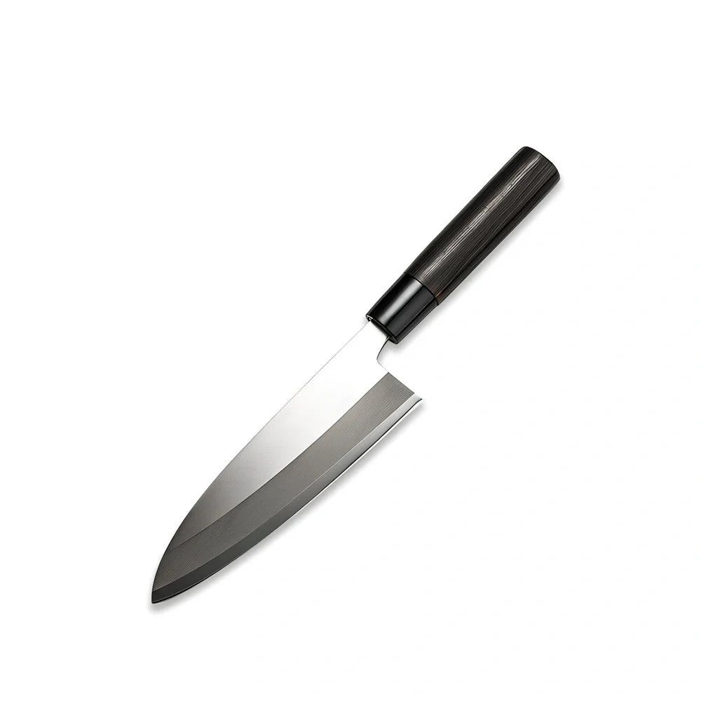 Stainless steel kitchen knife with 193mm blade, 62° point angle, and chestnut handle