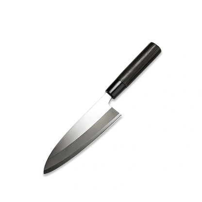 Stainless steel kitchen knife with 193mm blade, 62° point angle, and chestnut handle