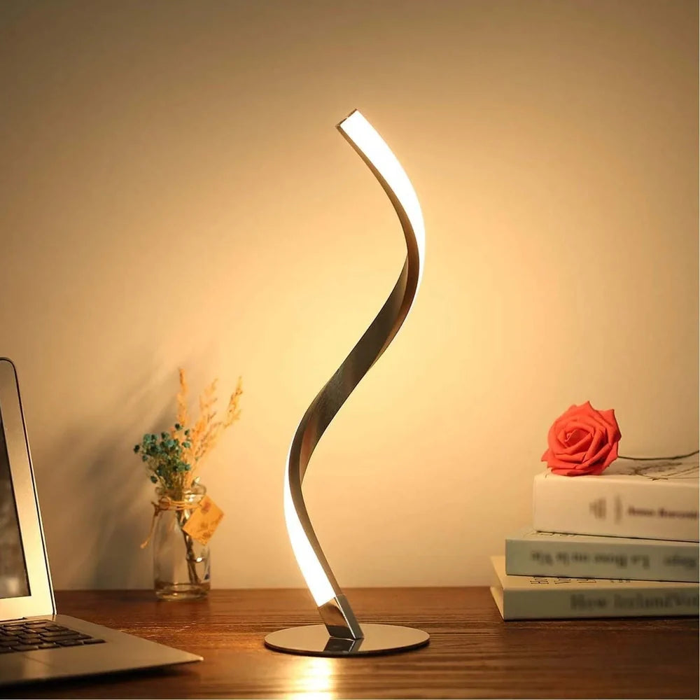Spiral snake bedside table lamp in black with 390mm height, 140mm base, and three-colour dimming on UK plug