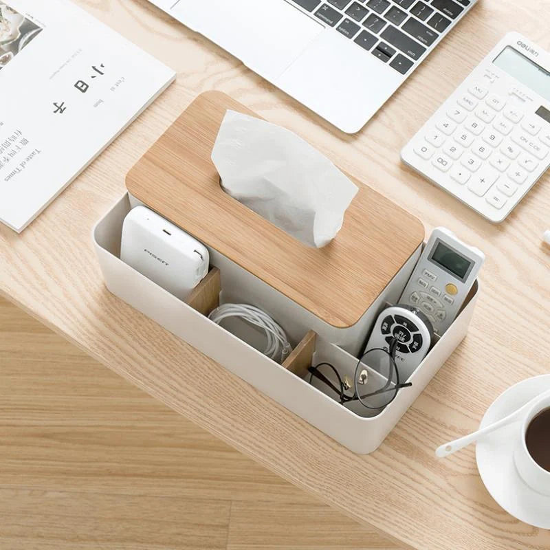 Multifunctional tissue box with remote control storage compartment, made of PS+ bamboo materials in apricot and white colors