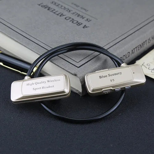 F5 wireless Bluetooth headset with card, ear-hook design, Bluetooth 4.0, 10 metre range, in black gold red or white