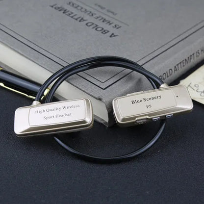 F5 wireless Bluetooth headset with card, ear-hook design, Bluetooth 4.0, 10 metre range, in black gold red or white