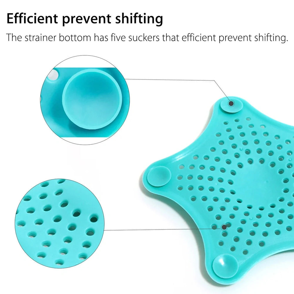 Three starfish-shaped sink drain filters in white, blue and green colours showing suction cups on bottom