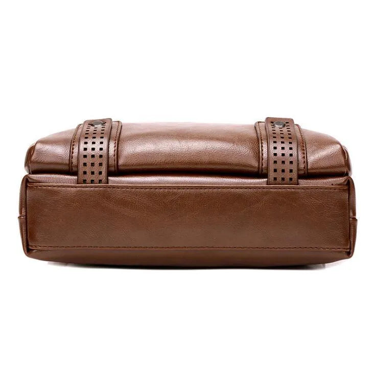 Men's soft messenger shoulder bag with zip closure and polyester lining in black, brown, or khaki