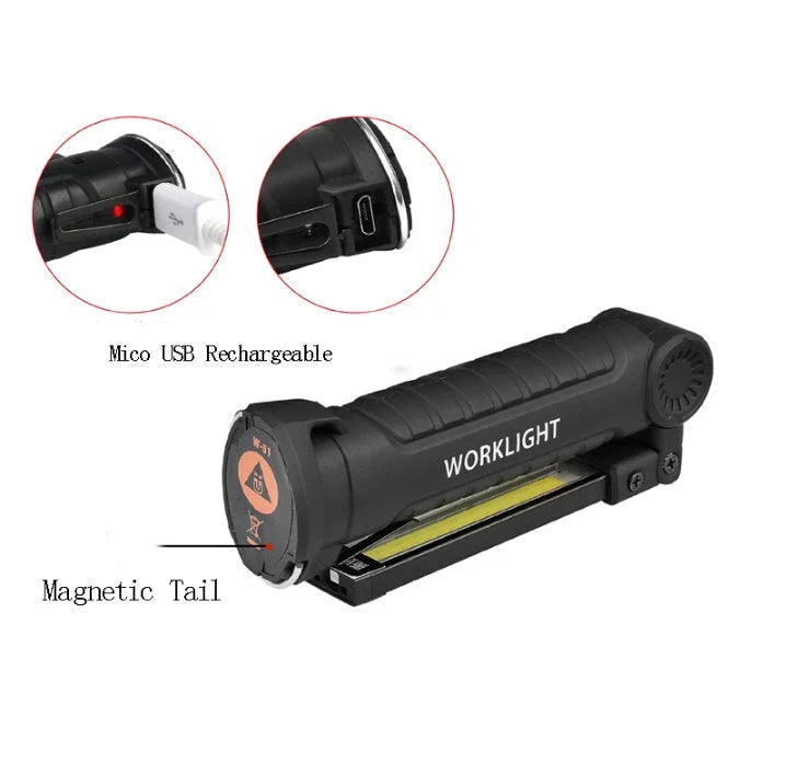 Powerful COB LED Tactical Flashlight with carbon-fiber-infused body, magnetic base, and multiple lighting modes