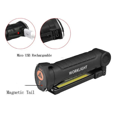 Powerful COB LED Tactical Flashlight with carbon-fiber-infused body, magnetic base, and multiple lighting modes