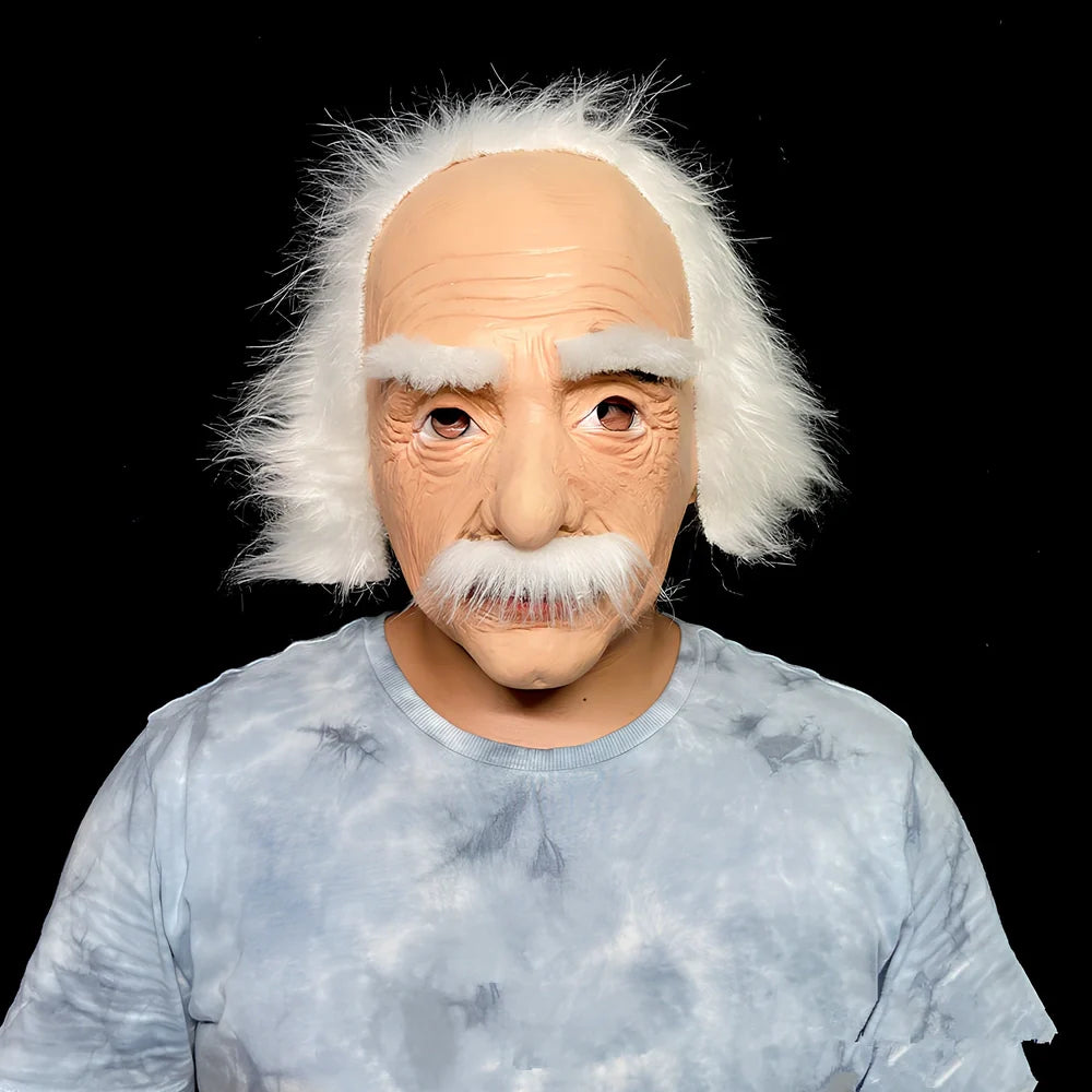 Latex old man Halloween mask with white hair and beard showing realistic facial wrinkles