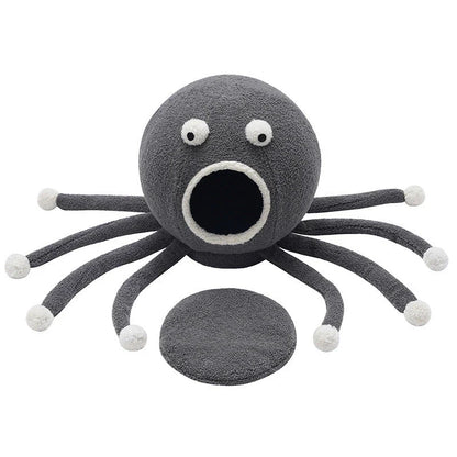 Cozy octopus-shaped pet bed with soft, plush fabric and raised 'eyes' for natural headrest