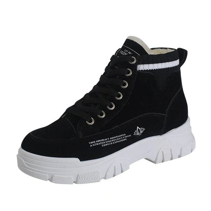Women's lace-up fashion sneakers with warm plush lining in black, gray, and brown