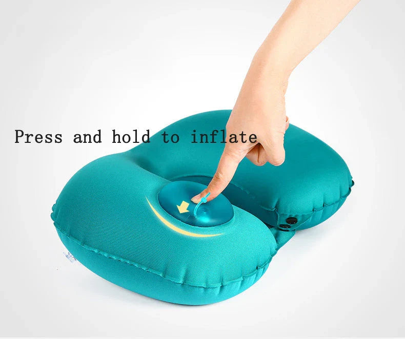 Inflatable U-shaped travel pillow with built-in air valve for customizable comfort and neck support during flights and car travel
