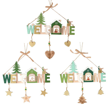 Wooden Christmas ornaments showing old man, snowman and elk designs with 43cm length