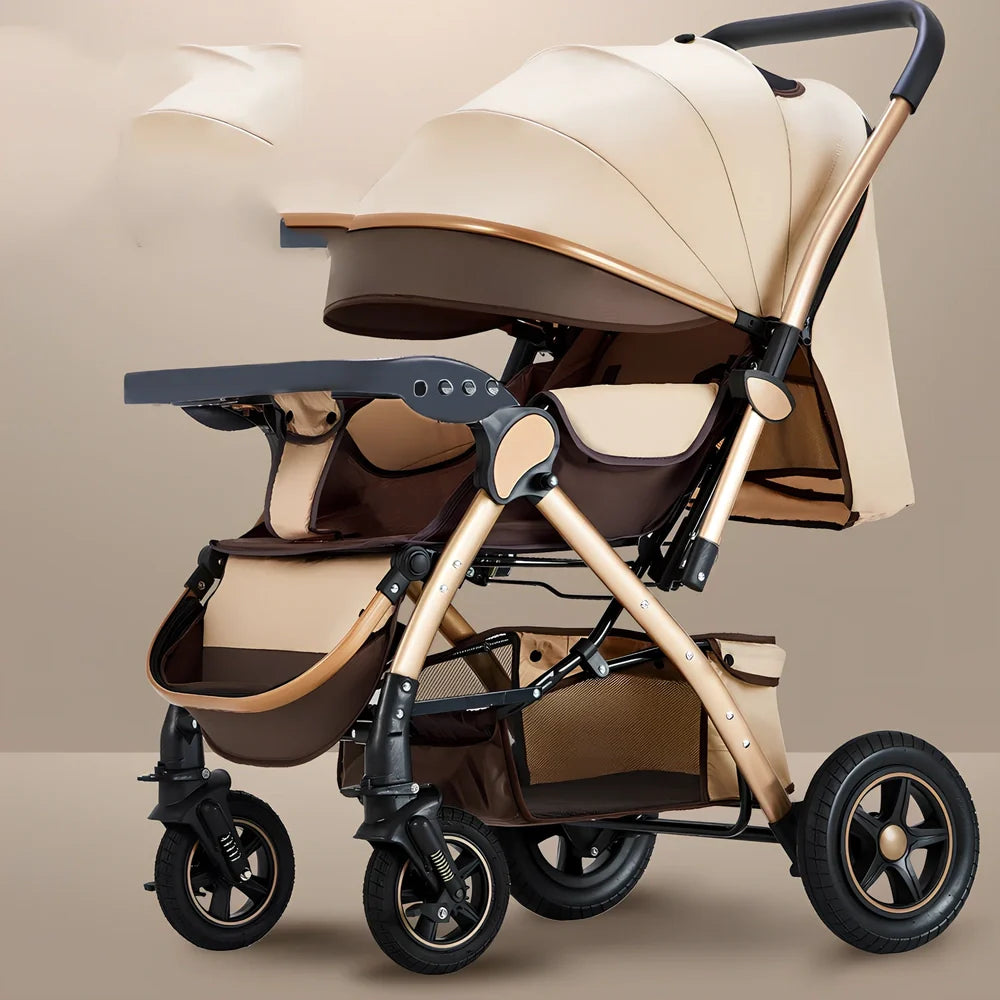 Baby stroller gift box in local gold frame with khaki blended fabric and 20cm rubber rear wheels for newborn use