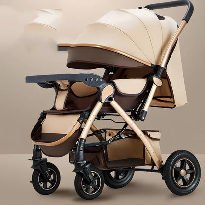 Baby stroller gift box in local gold frame with khaki blended fabric and 20cm rubber rear wheels for newborn use