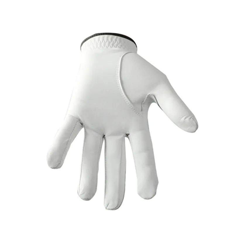 White half sheepskin golf glove for men showing non-slip grip palm detail